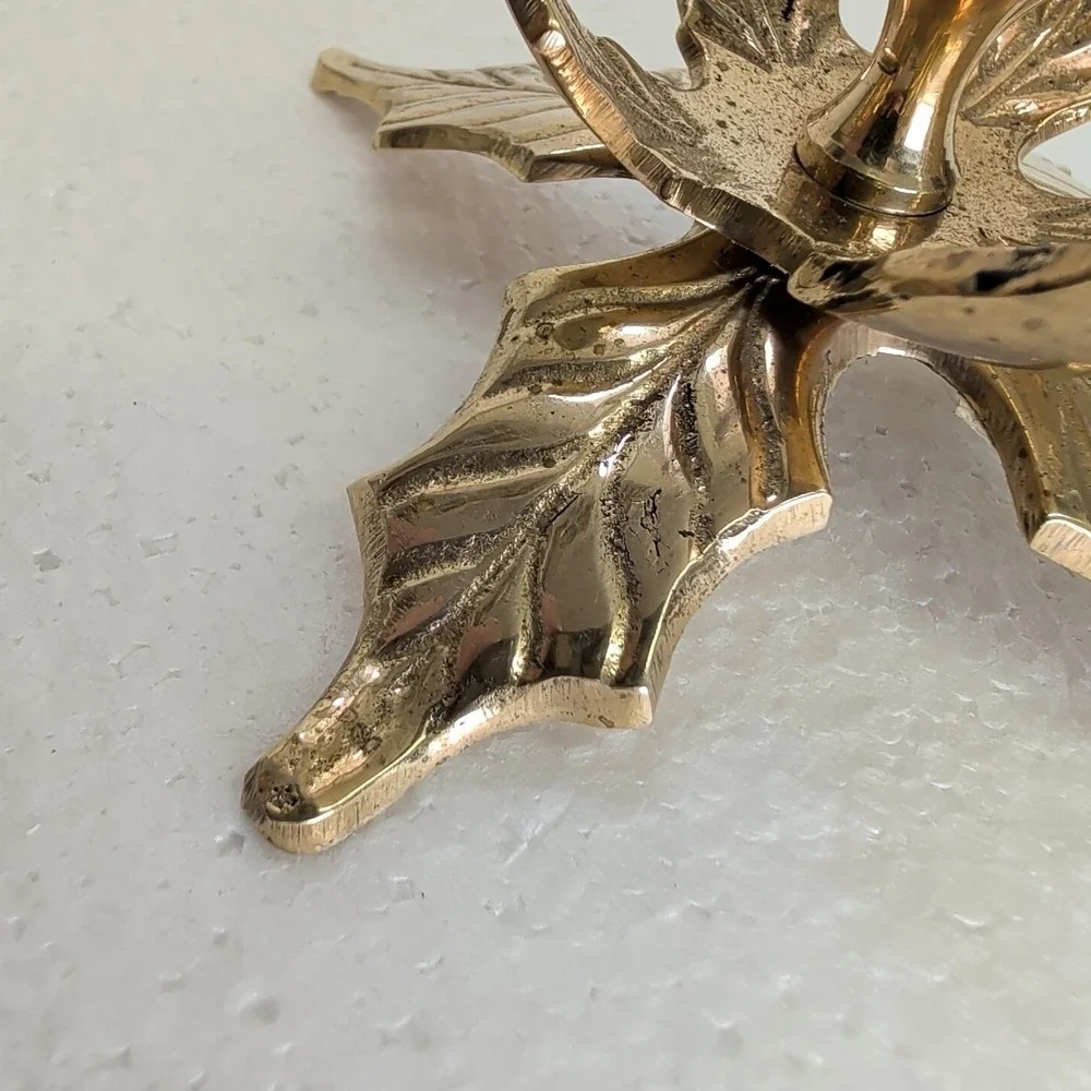 Brass‎ Candlestick Holder Holly Leaves Christmas Decor Made In India W/Handle 3
